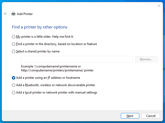 Add a printer using IP address